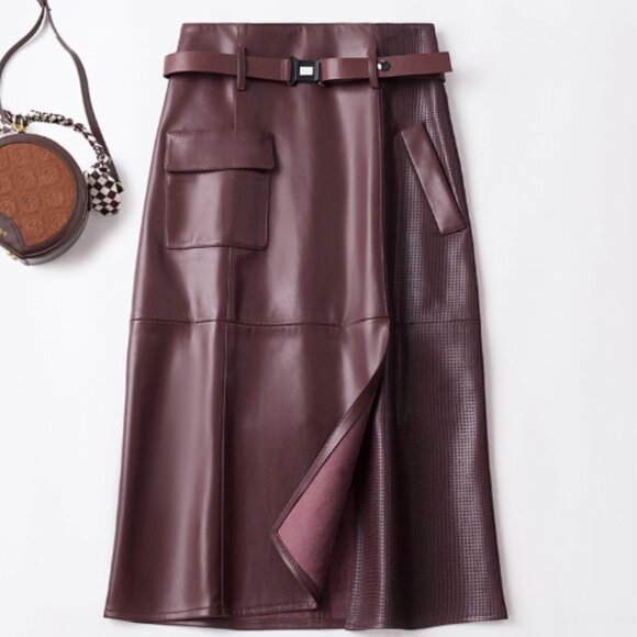 Burgundy Belted A-Line Slit Leather Skirt High Waist - Picture 2 of 8